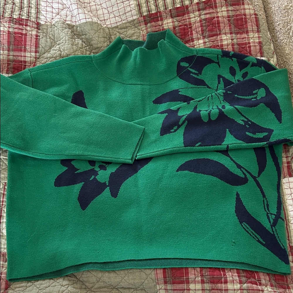 Anthropology Maeve The Cary’s Green and Navy Floral Mock Neck Sweater